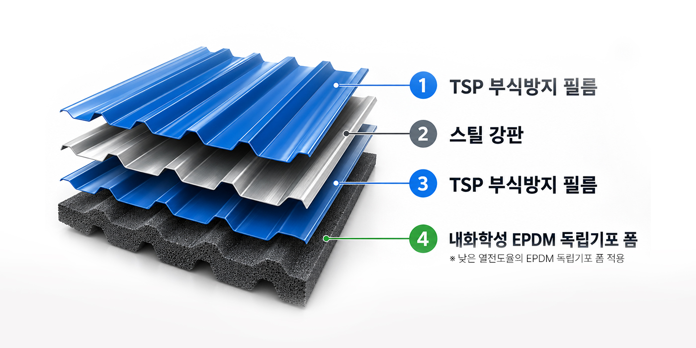 프리미엄 필름강판 4계층 구조: 1 TSP 상부 부식방지 필름, 2 고강도 베이스 스틸 강판, 3 TSP 하부 부식방지 보호 필름, 4 내화학성 EPDM 독립기포 폼